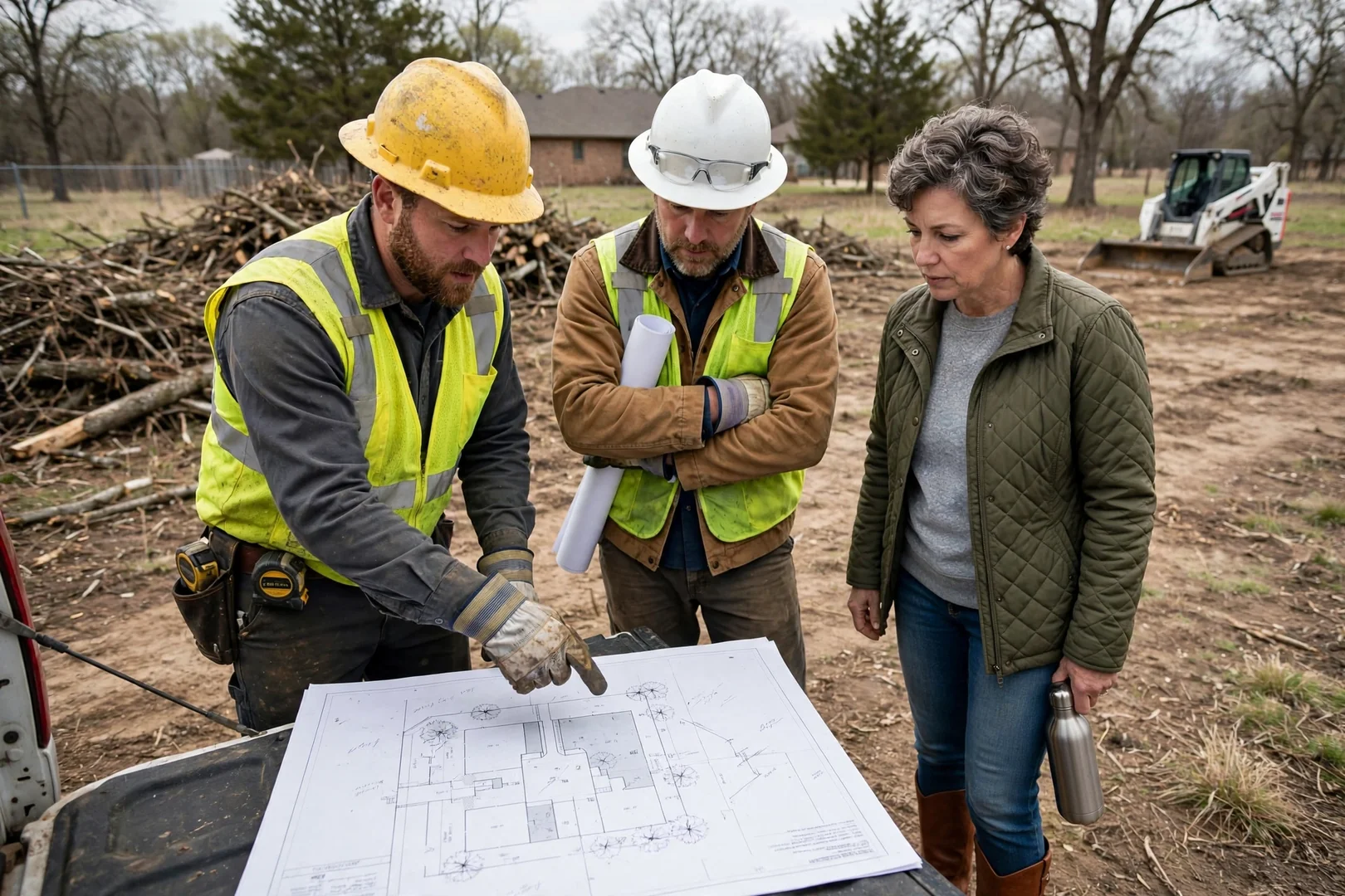 Land clearing crew reviewing a site plan with a homeowner in Lawton