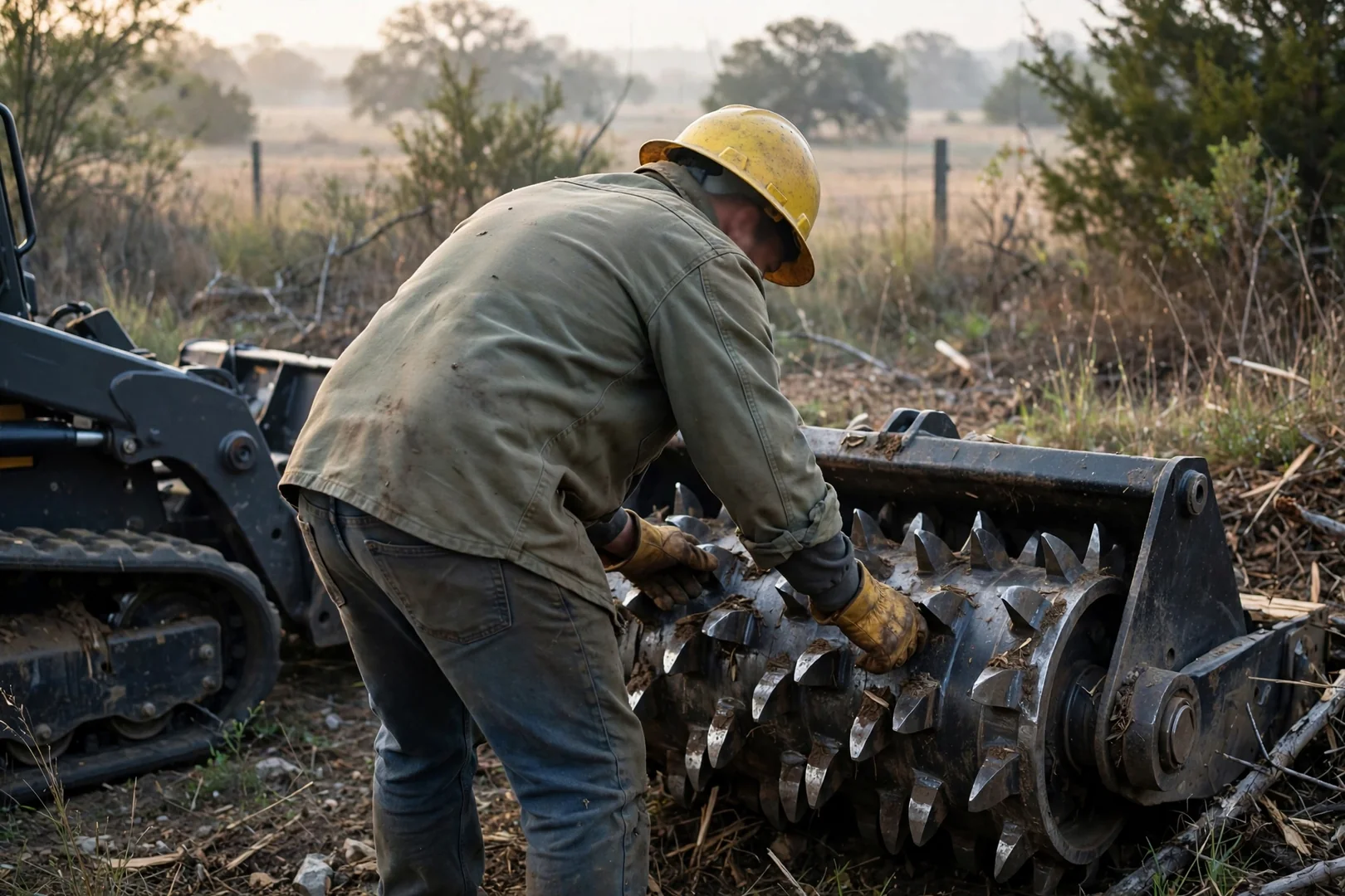 Crew member inspecting a forestry mulcher attachment before starting a land clearing job
