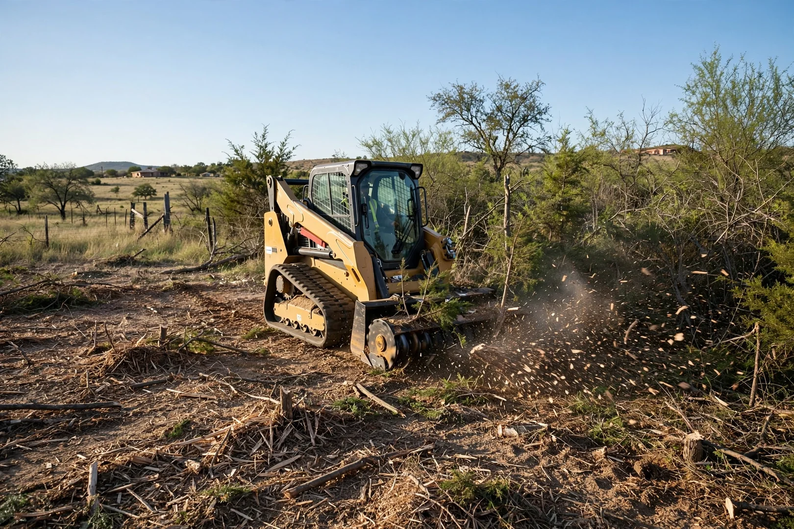 Compact track loader with mulching head clearing brush on a Lawton property